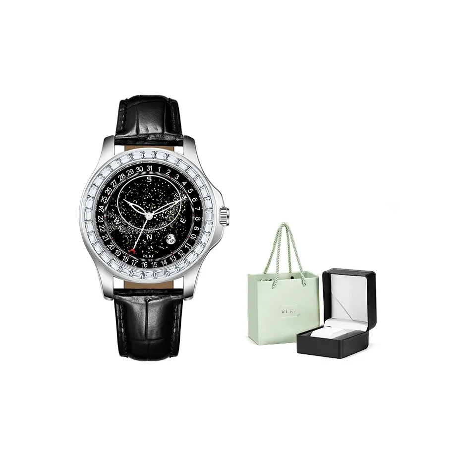 RERF Кварцевый механизм Кожаный ремешок Мужские часы Синий циферблат