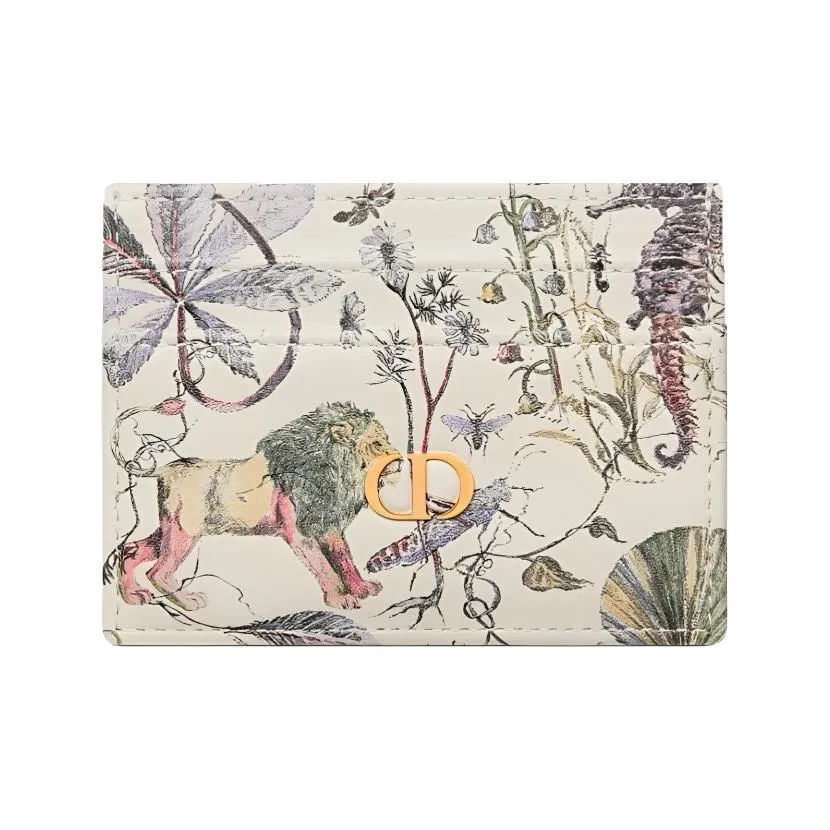 DIOR Caro Calfskin Card Holder Women's Beige & Multicolor