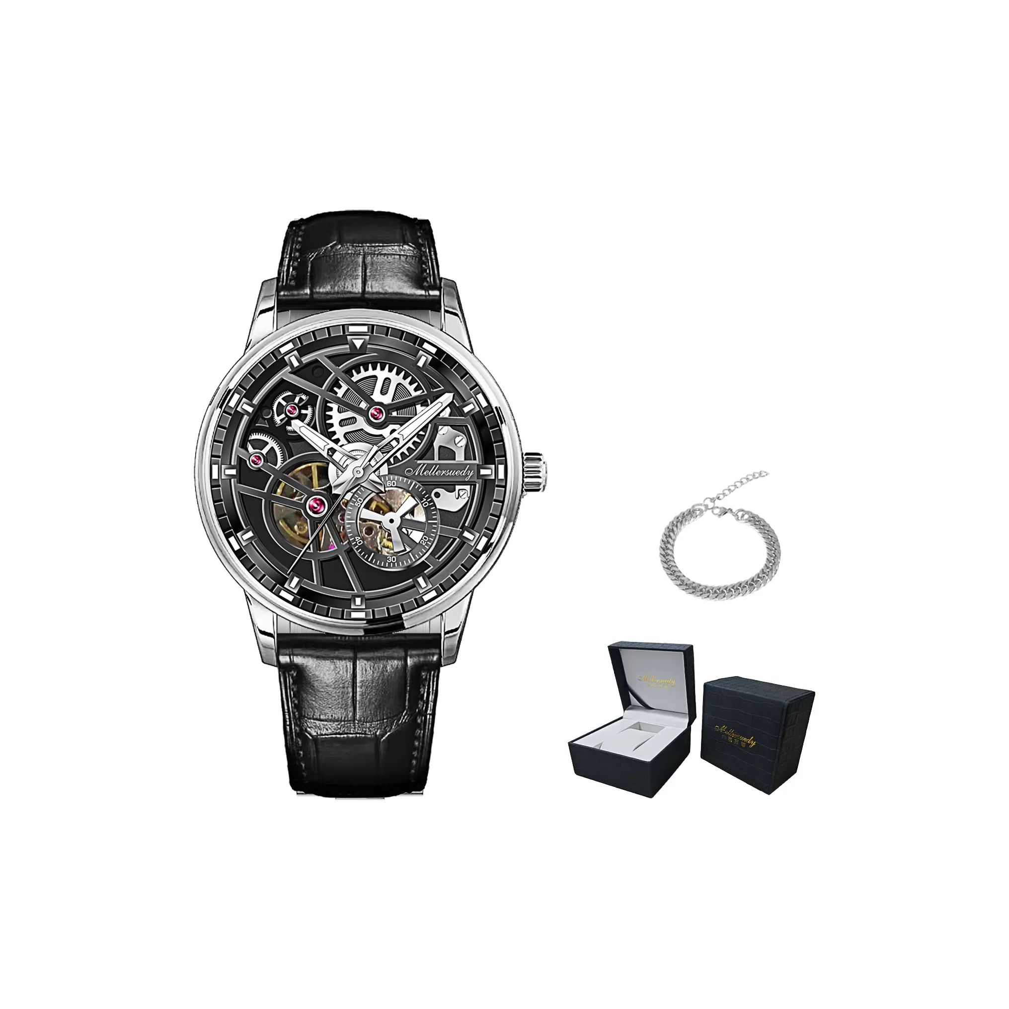 MELLERSUEDY Sky Craft Series Автоматический механический механизм Коровья кожа Ремень Часы Мужские часы Черепный циферблат