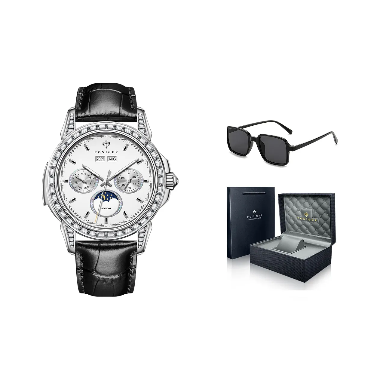 PONIGER Super Master Collection Автоматический Механический Механизм Коровья Кожа Ремешок Часы Мужские Белый Циферблат