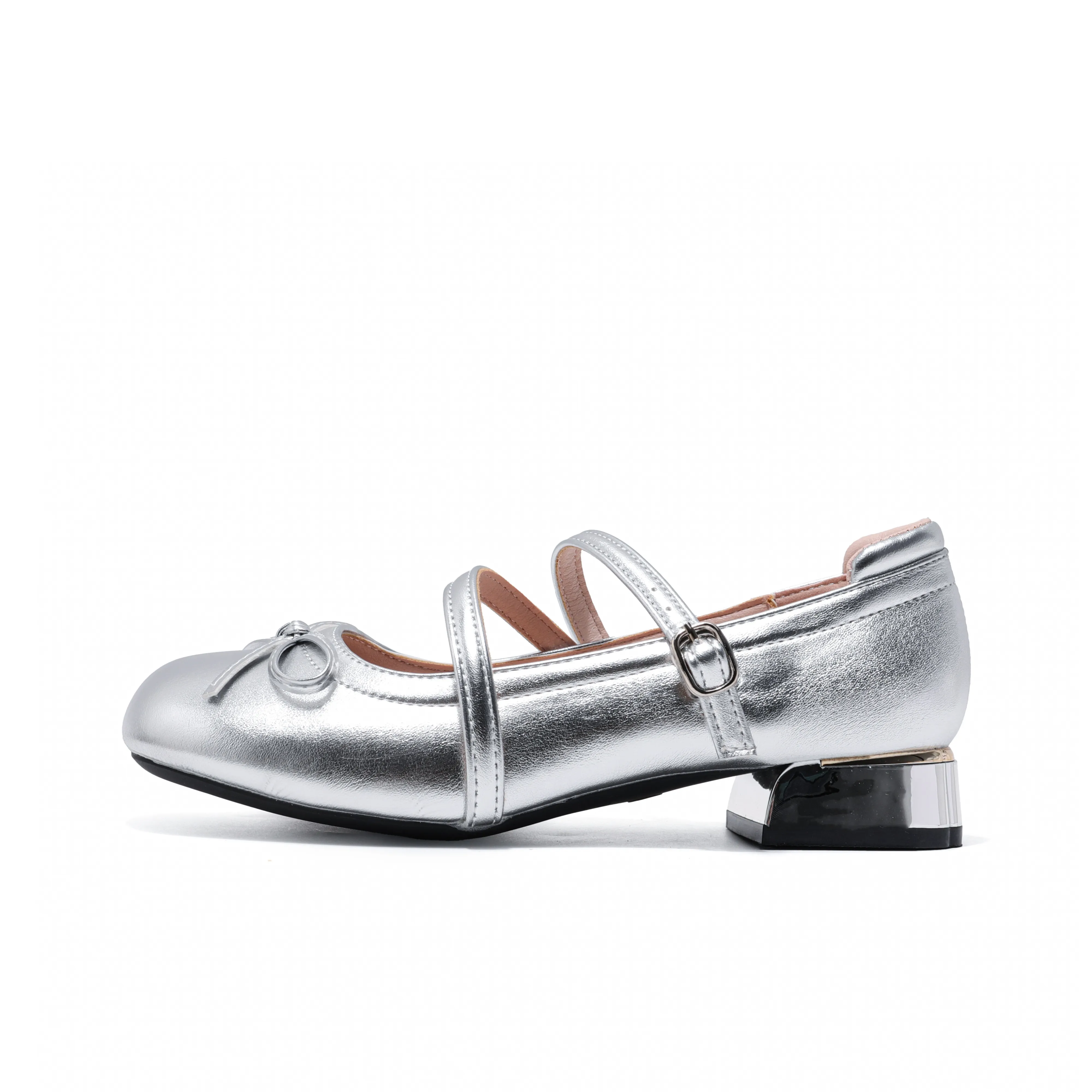 Be Good Грубый каблук Туфли Мэри Джейн 5 см Женские Серебряные Подарочный Набор в Коробке