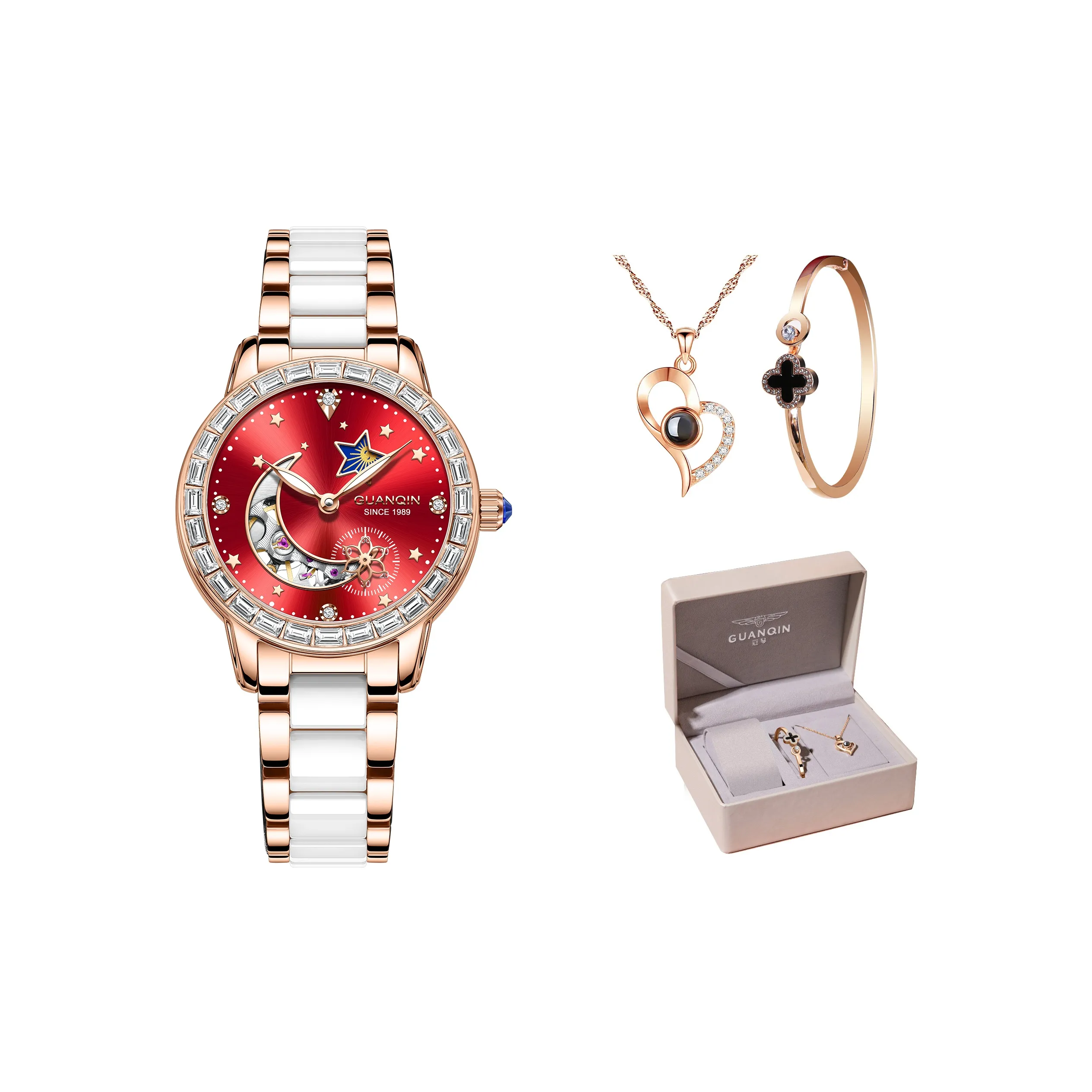 GUANQIN Star Moon Series Автоматический Механический Механизм Керамика Ремешок Часы Женские Часы Красный Циферблат Часов