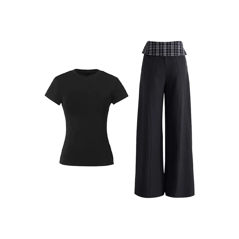 NFV Черный топ + Черные штаны Женские Повседневные костюмы