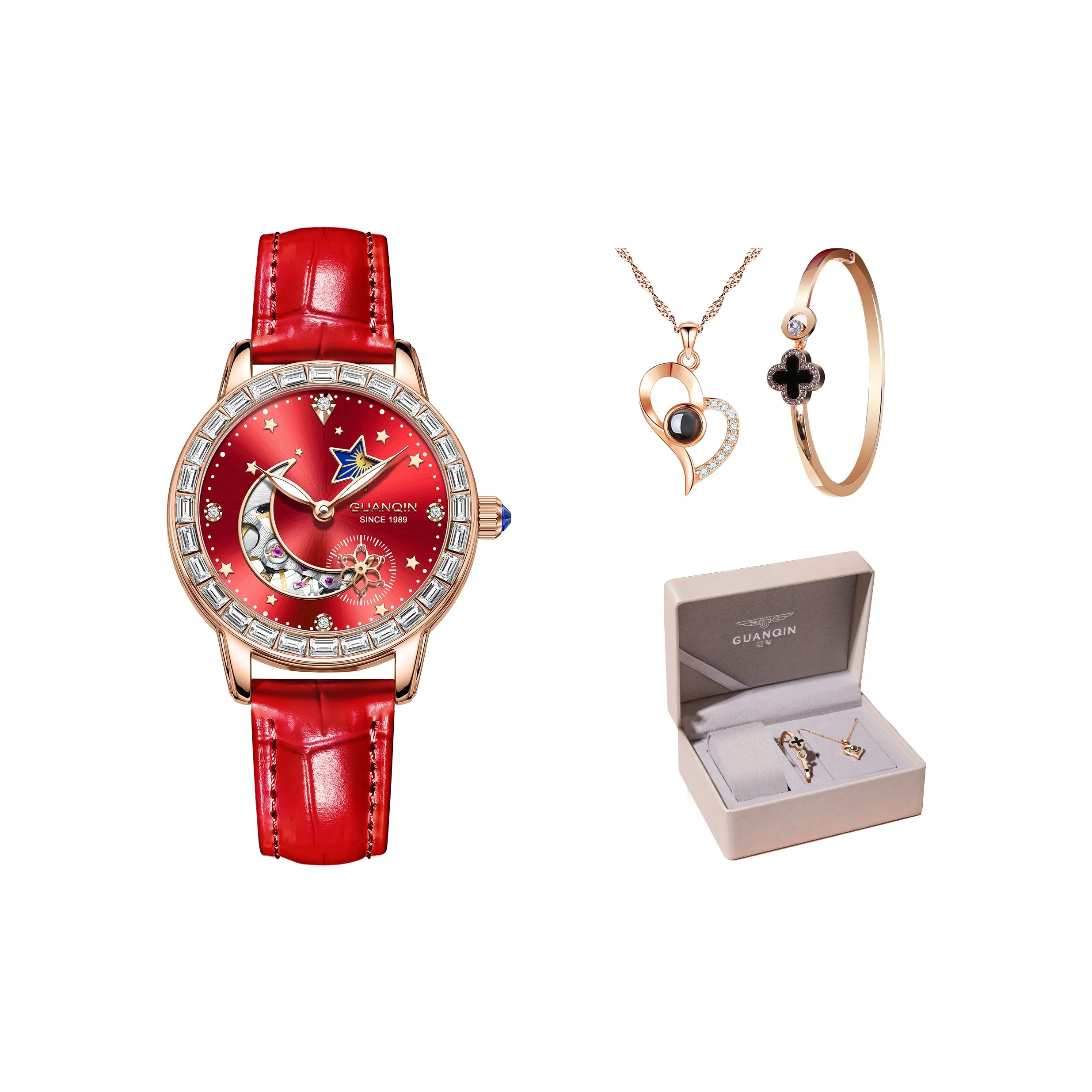 GUANQIN Star Moon Series Автоматический Механический Механизм Коровья Кожа Ремешок Часы Женские Красный Циферблат Часов