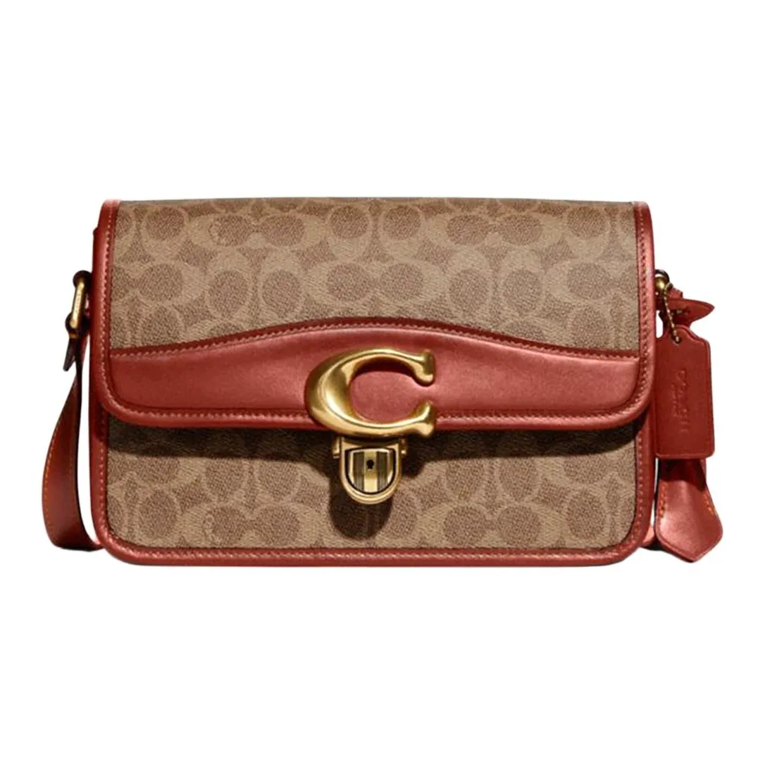 COACH Studio Canvas With Leather Shoulder Bag, Crossbody Bag Large Women's Brown & Red