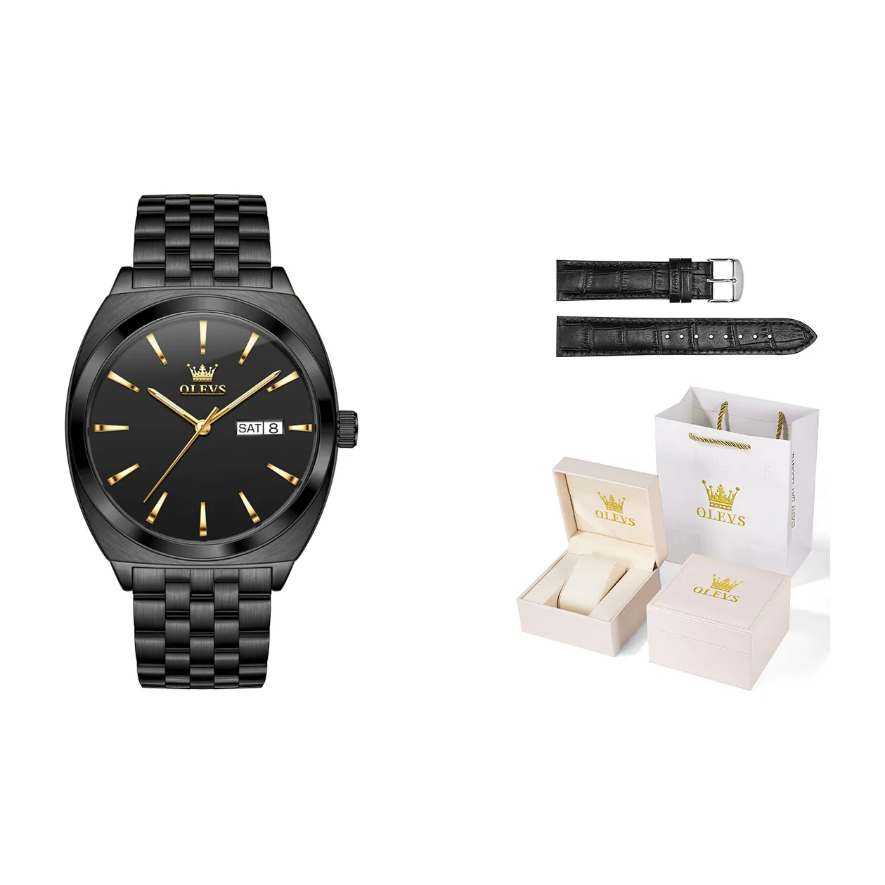 OLEVS Механический механизм ремешок из нержавеющей стали черный циферблат мужские часы