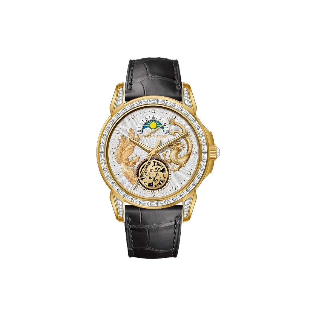 REEF TIGER Artist Series Автоматический Механический Механизм Коровья Кожа Ремешок Часы Мужские Белый Циферблат