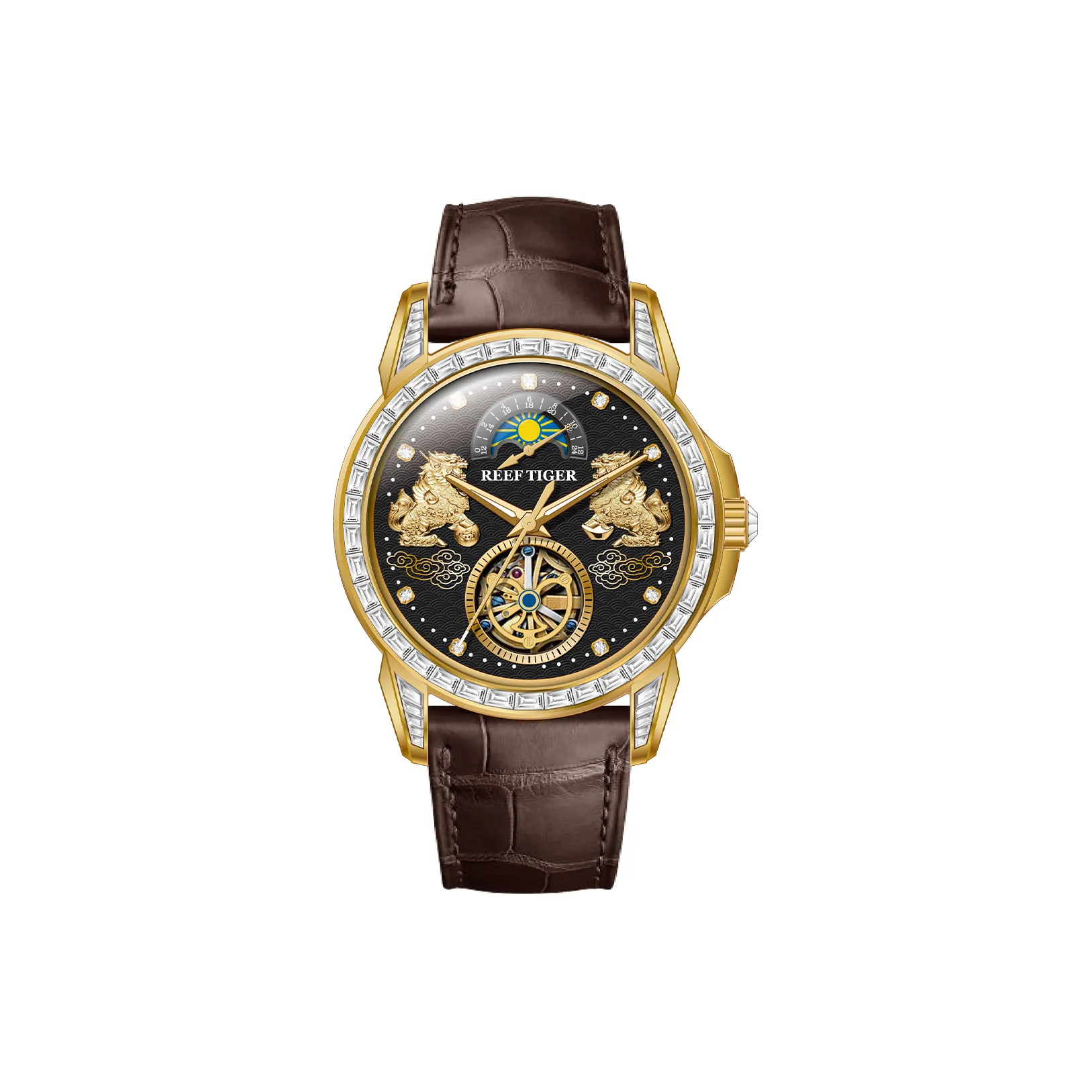 REEF TIGER Artist Series Автоматический Механический Механизм Коровья Кожа Ремешок Часы Мужские Черный Циферблат