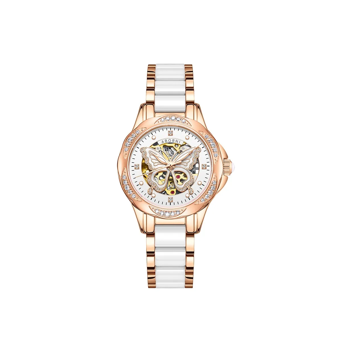 ABORNI Cherished Love Collection Automatic Mechanical Movement Ceramic Strap Watch Women's Watch Cut Out Dial
