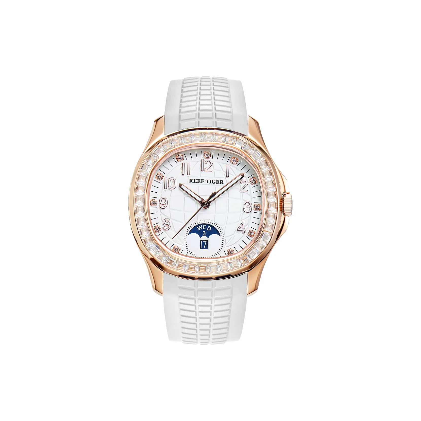 REEF TIGER Автоматический Механический Механизм Силиконовый Ремешок Часы Мужские Белый Циферблат