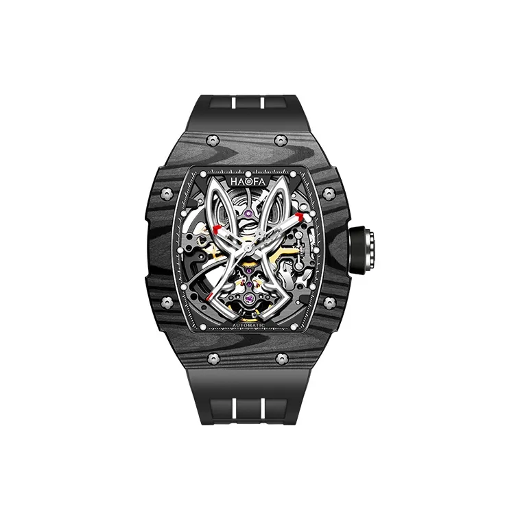 HaofaTourbillon 1985 Automatic Mechanical Movement Rubber Strap Watch Men's Watches Black Dial