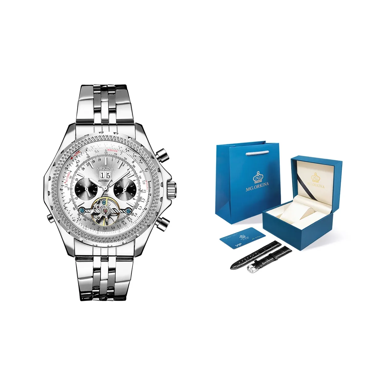 MG.ORKINA MG God Series Автоматический Механический Механизм Стальной Ремешок Часы Мужские Белый Циферблат