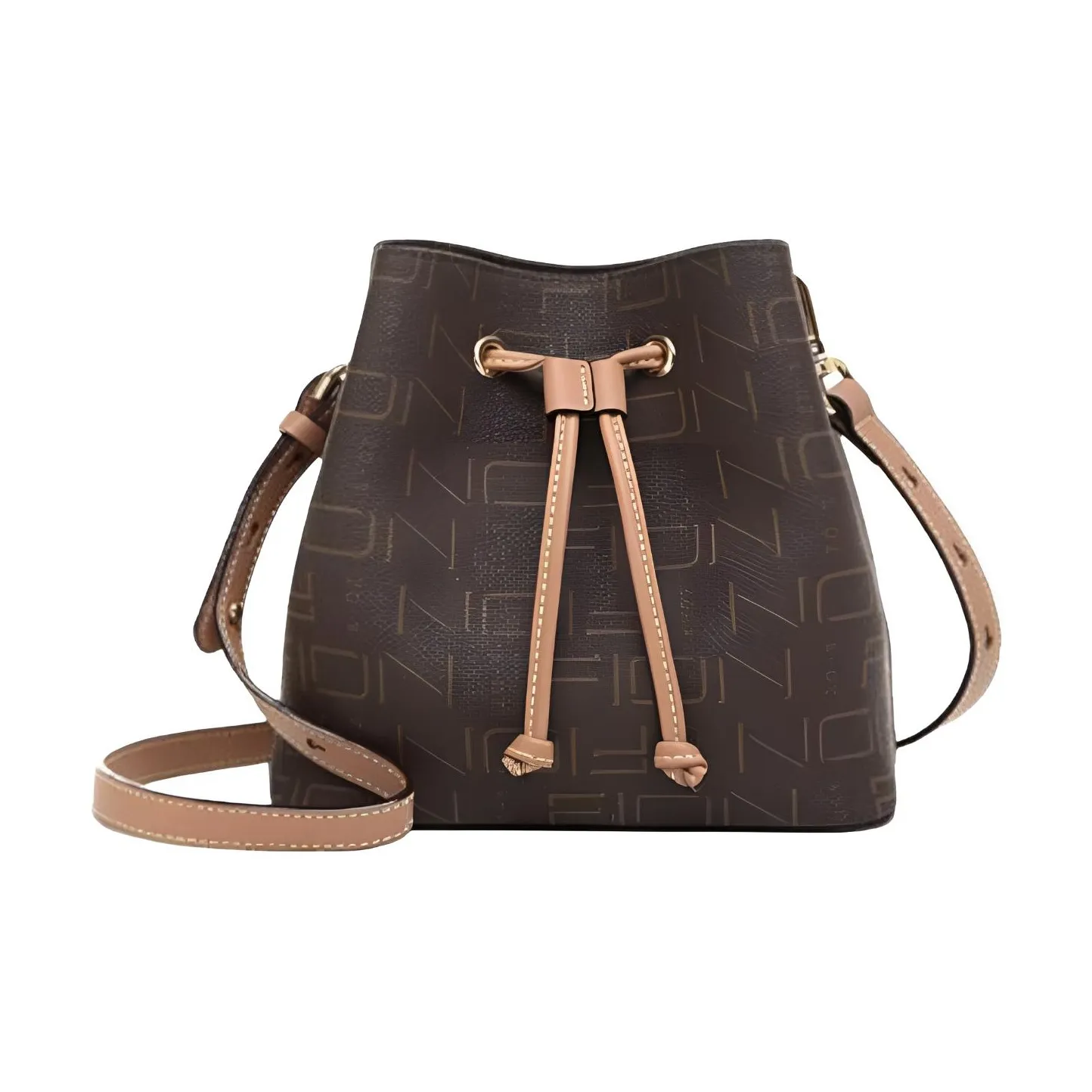 FION Artificial Leather Bucket Bag Small Handbag Shoulder Bag Crossbody Bag Women's Coffee & Camel/Coffee & Apricot Red