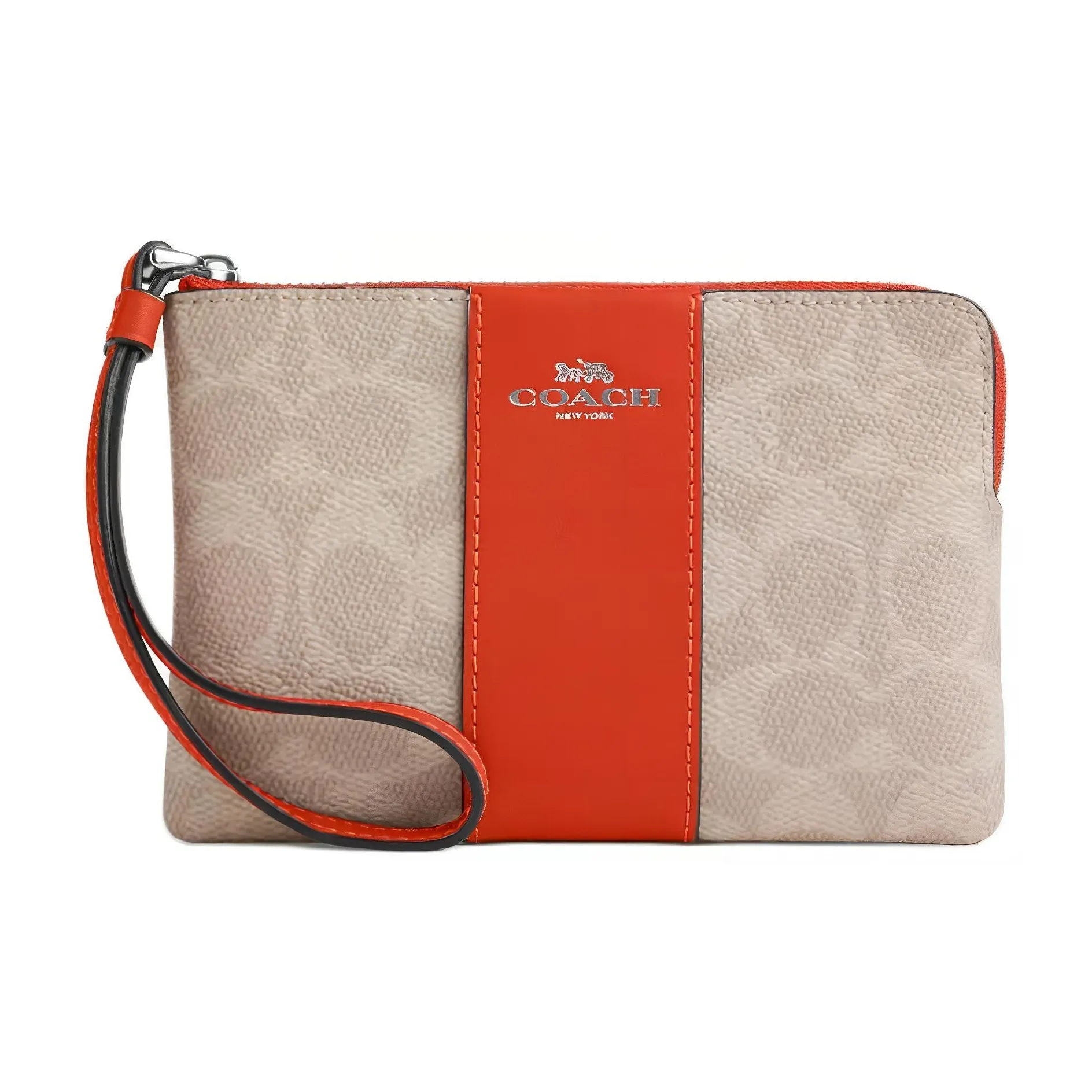 COACH Corner Zip Покрытый холст с кожаными вставками Клатч Маленький Женский Песочный и Темно-оранжевый