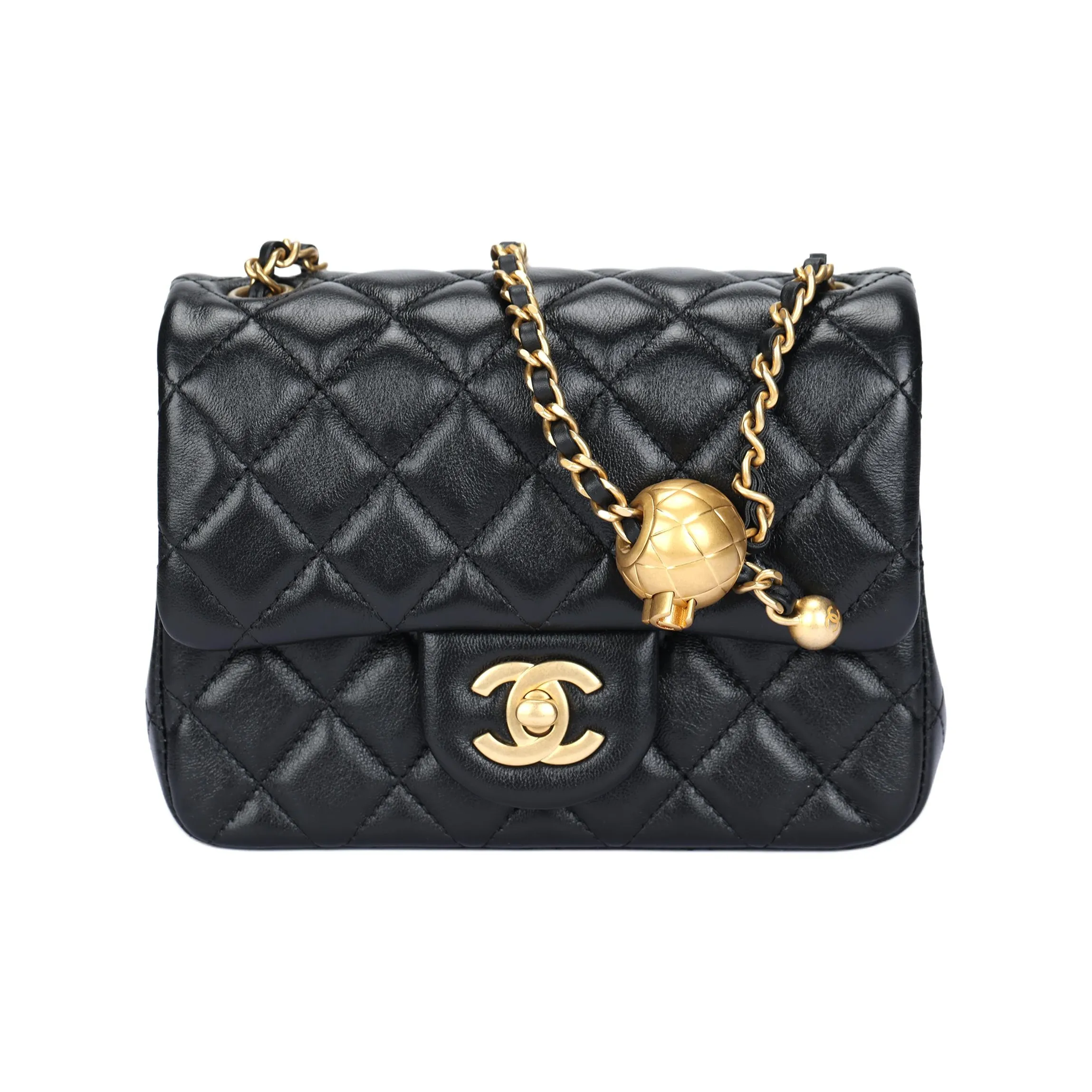 CHANEL 24K Shiny Lambskin Gold Ball Mini Flag Bag Women's Black