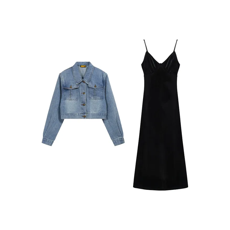 ONNFB Синий топ + Черное платье-камзол Женские комплекты с юбкой