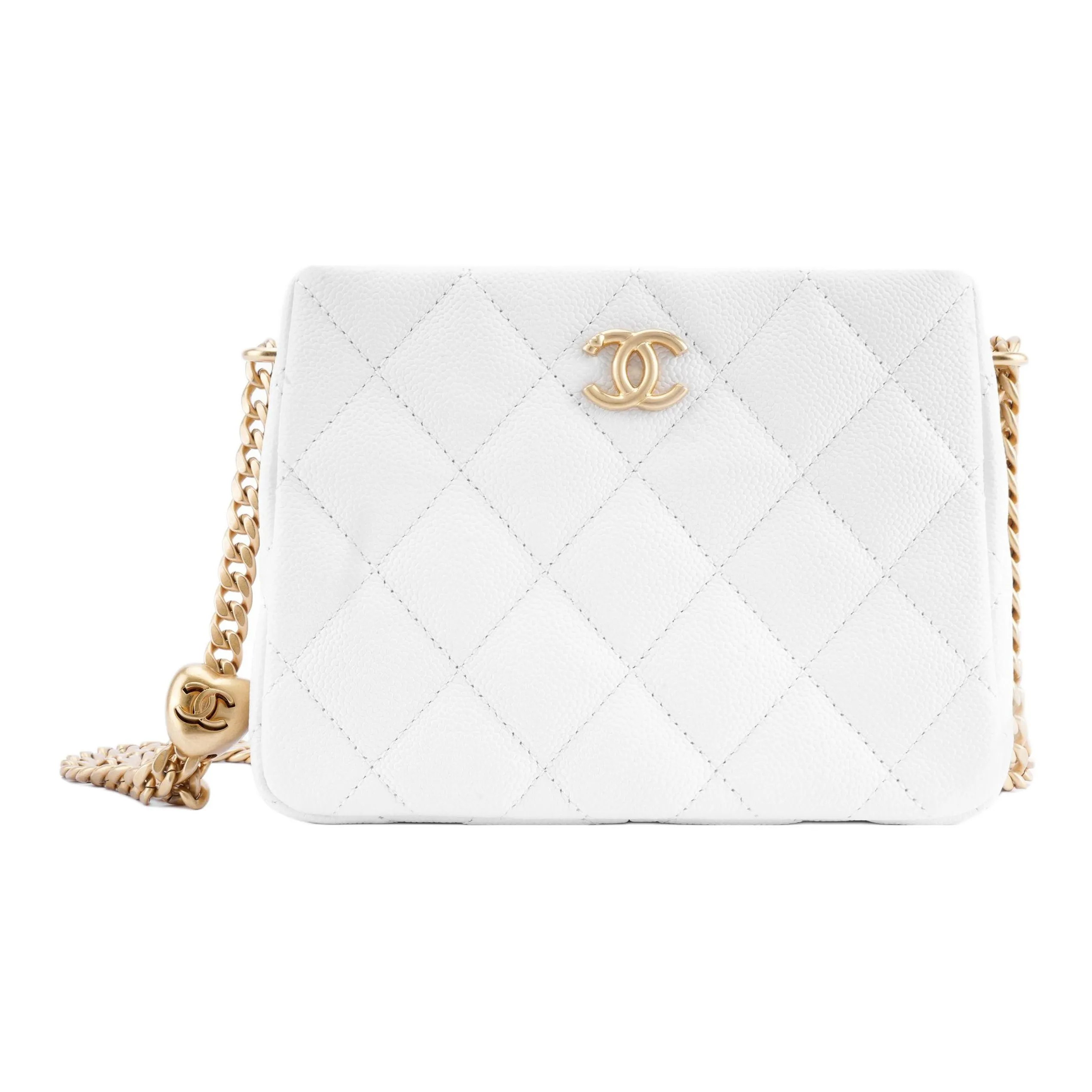 CHANEL 23P SS Cow Leather Grain Embossed Hobo Bag, Small Square Bag, Shoulder Bag, Crossbody Bag Trumpets Unisex White