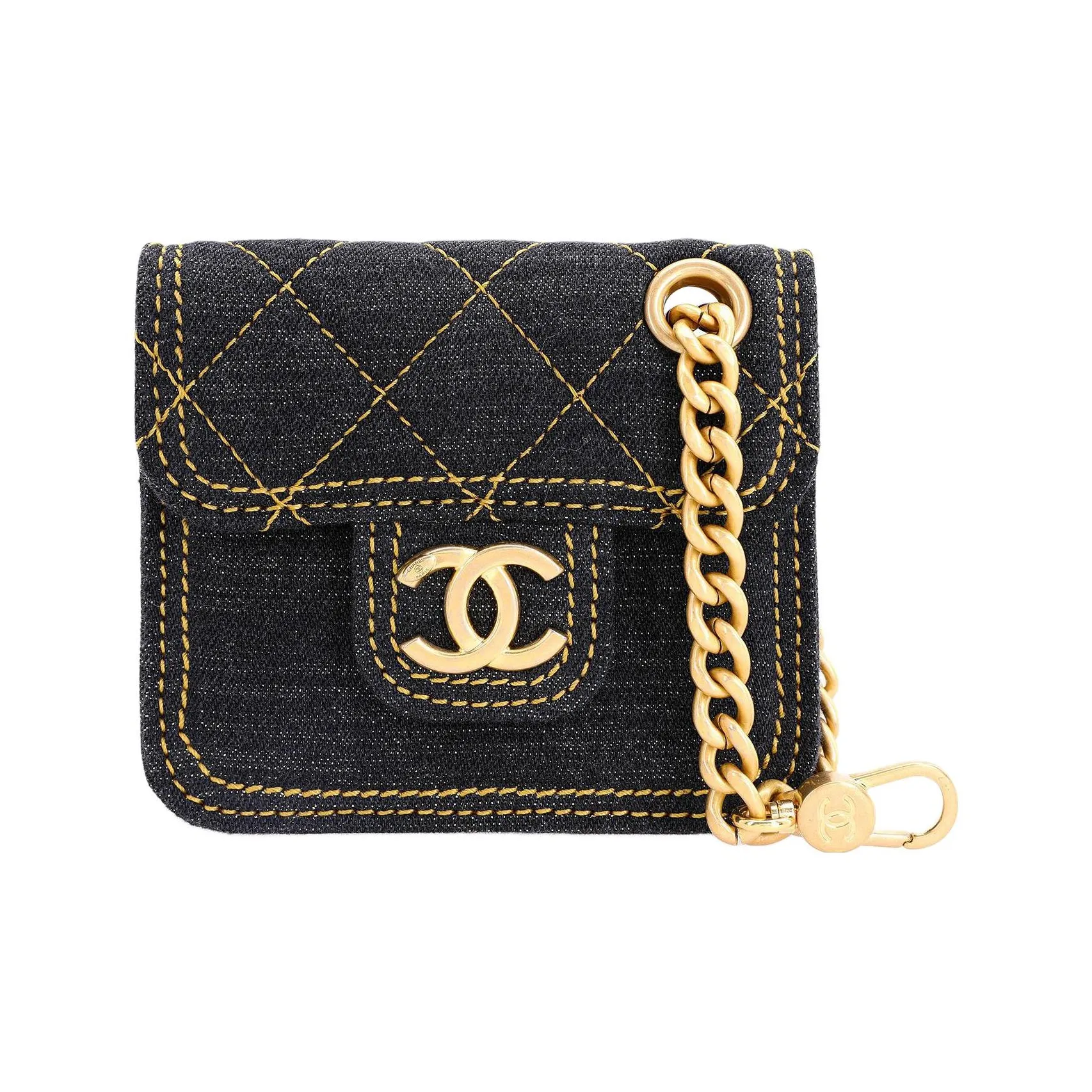 CHANEL Denim Earphone Case Charm Coin Purse Women's Black