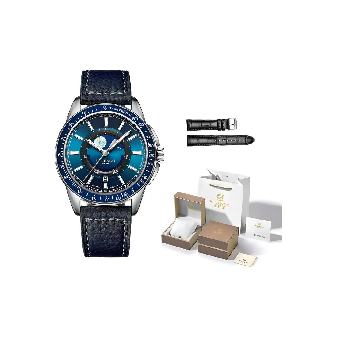 ROLENDO R Механическое механическое часы Коровья кожа ремешок Мужские часы Синий циферблат
