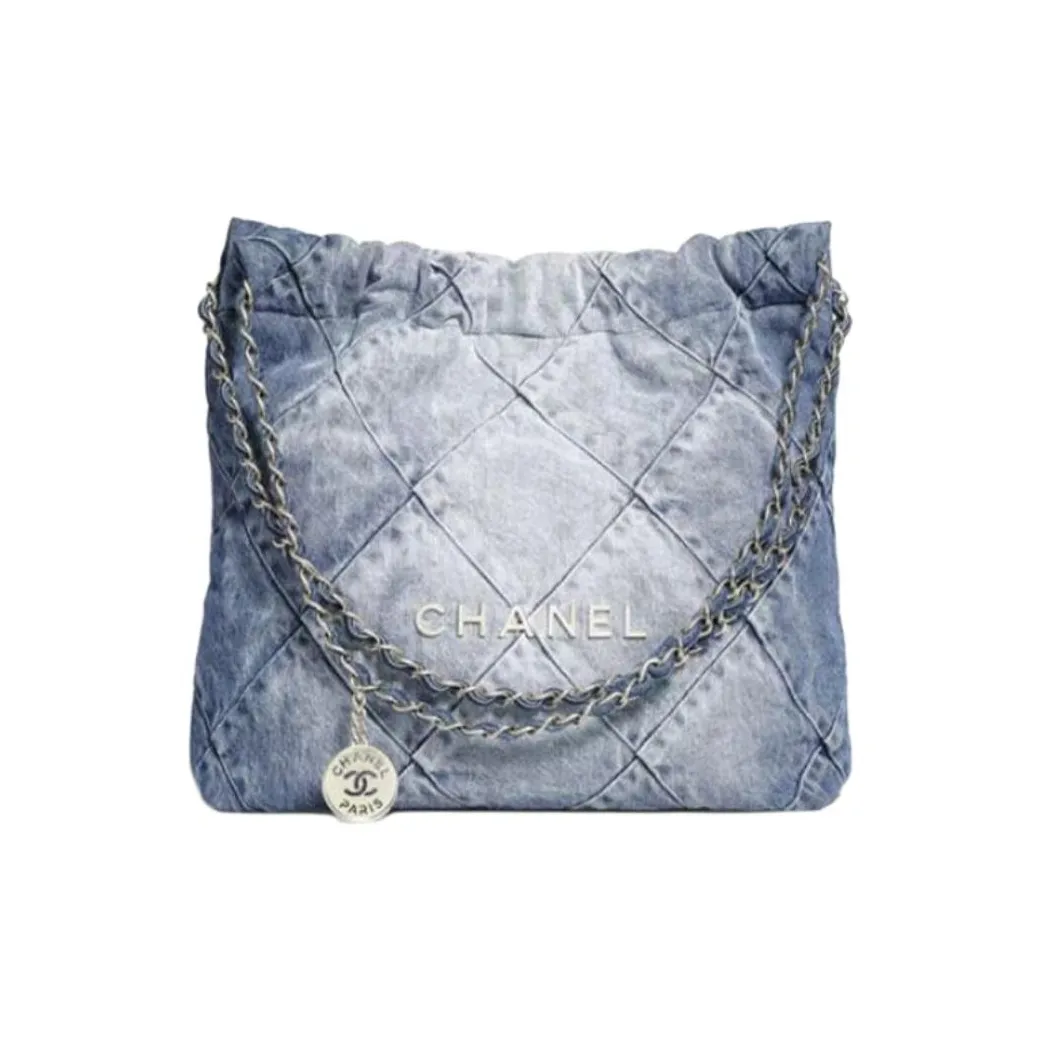 CHANEL 22Bag Distressed Denim Trash Bag, Handbag, Shoulder Bag Trumpets Women's Washed Denim Blue