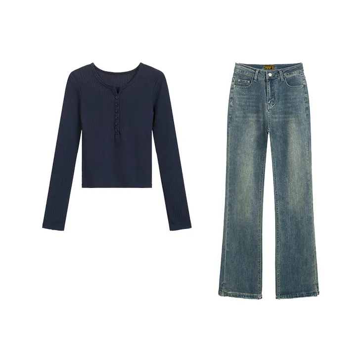 ONNFB Темно-синий топ + синие джинсы, женские, повседневные костюмы