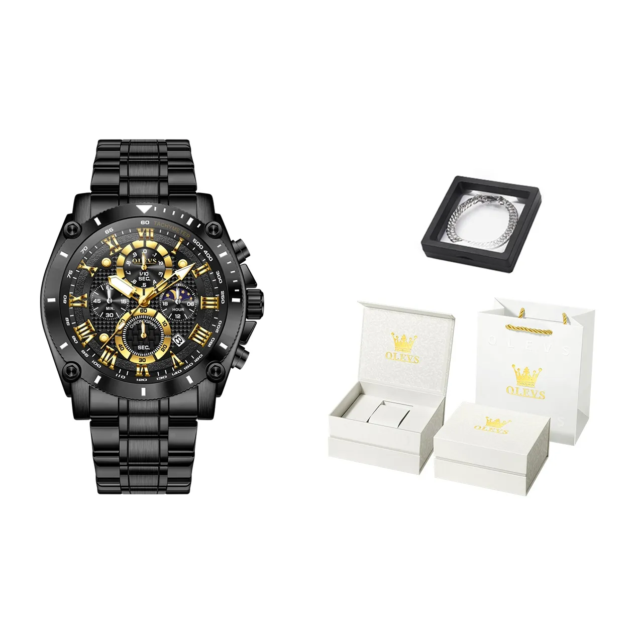 OLEVS Кварцевый механизм ремешок из нержавеющей стали мужские часы черный циферблат