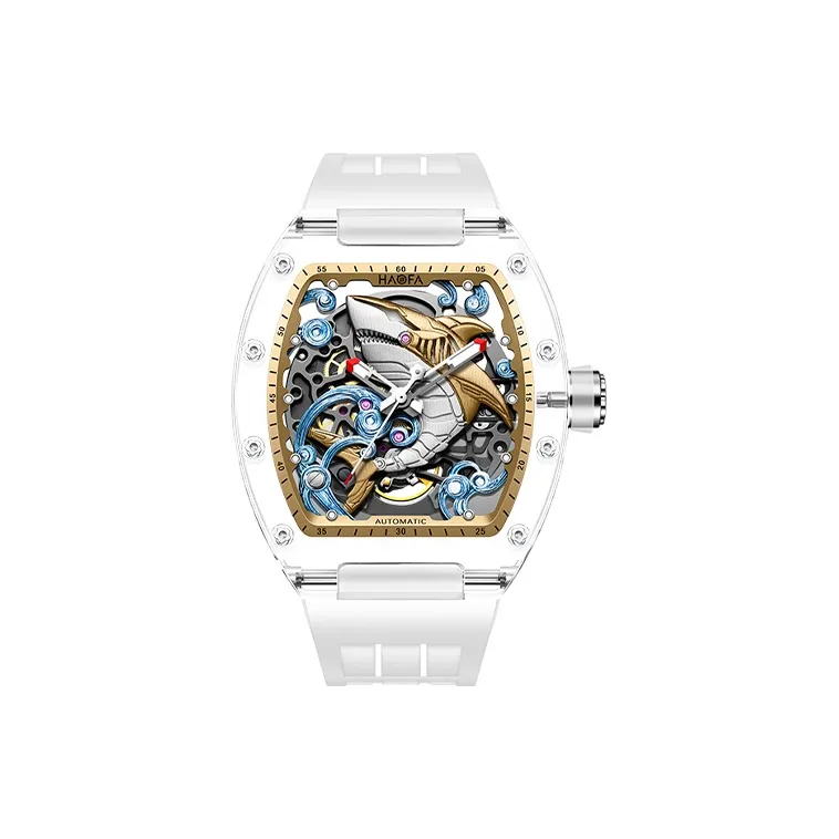 HaofaTourbillon Прозрачный Автоматический Механический Механизм Резиновый Ремешок Часы Мужские Часы Белый Циферблат