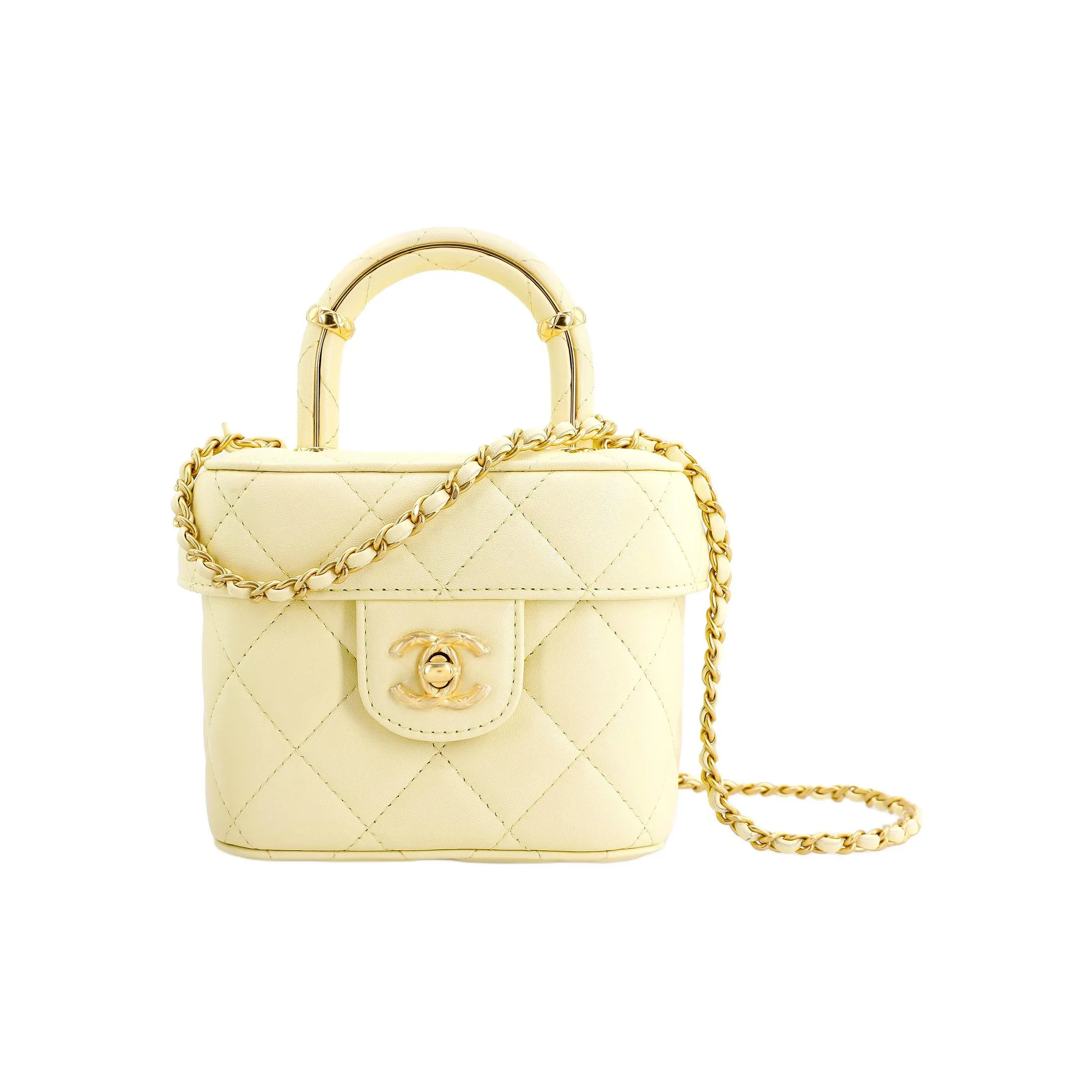 CHANEL Lambskin Portable One Shoulder Crossbody Makeup Bag Small Women's Light Yellow