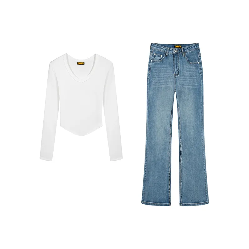 ONNFB Белый топ + Синие джинсы Женские Повседневные костюмы