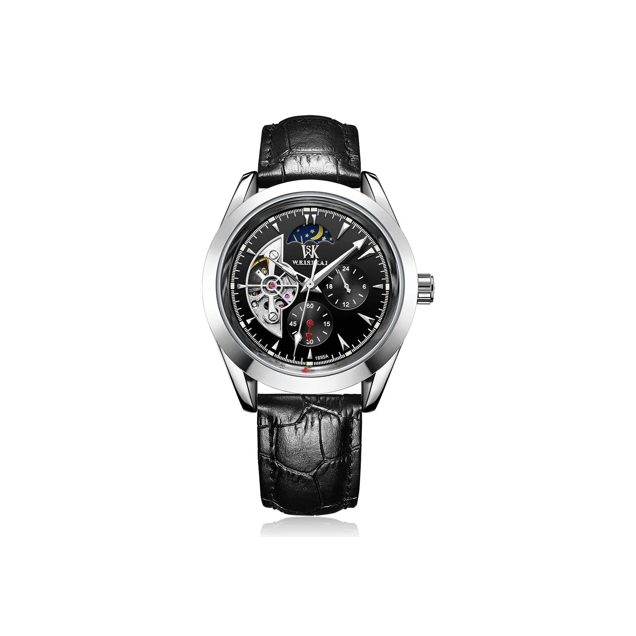 WSK Автоматический Механический Механизм Естественная Кожа Ремешок Часы Мужские Черный Циферблат