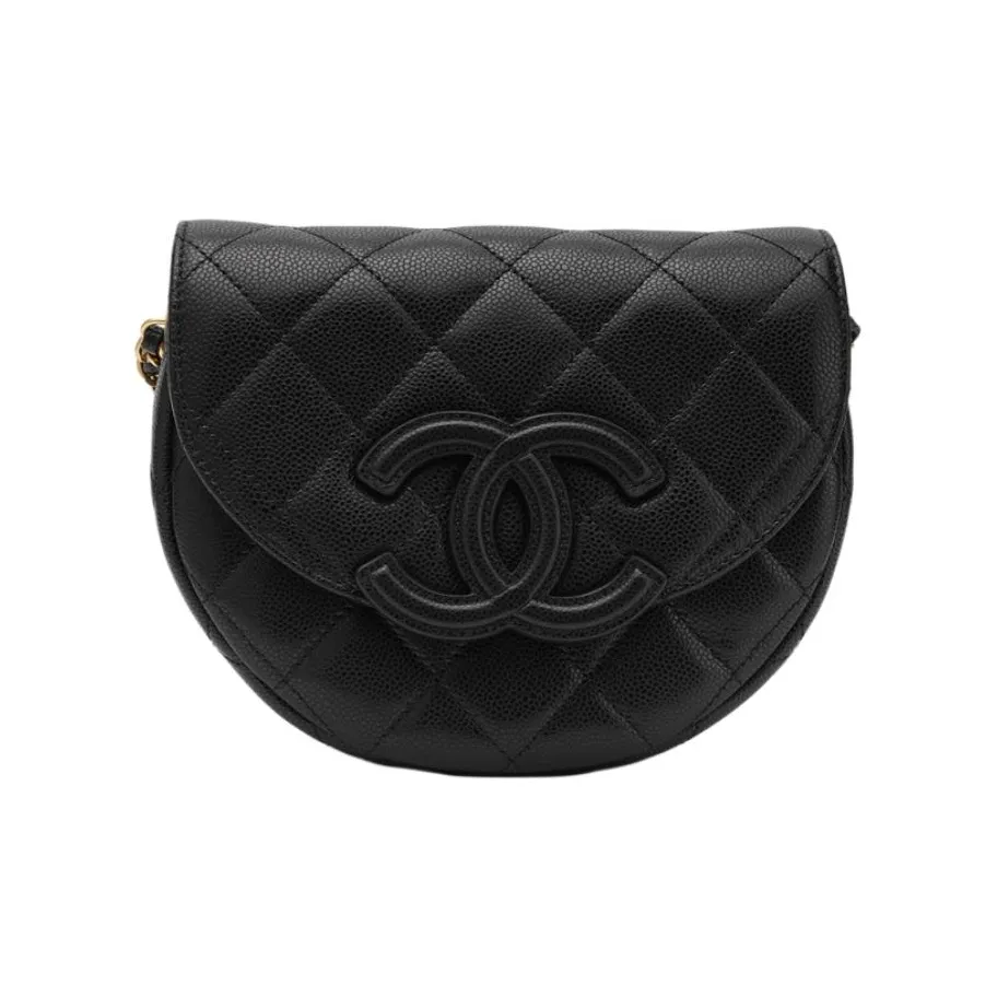 CHANEL Litchi Grain Cow Leather Crescent Bag, Flap Bag, Saddle Bag, Shoulder Bag, Crossbody Bag Trumpets Unisex Black