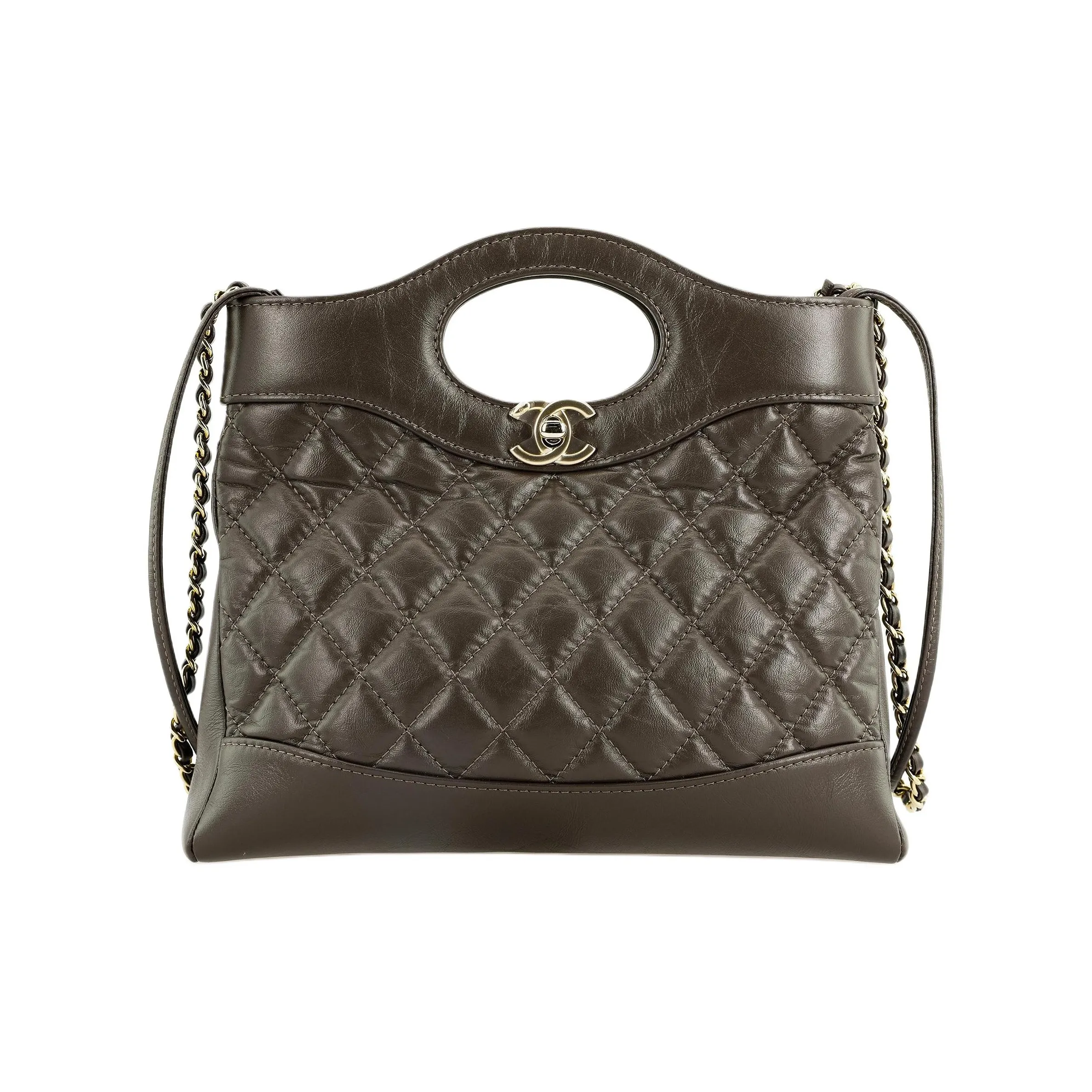 CHANEL Bright Wrinkle Calfskin, Gold Metal Shoulder Bag, Crossbody Bag, Handbag Mini Women's Dark Brown
