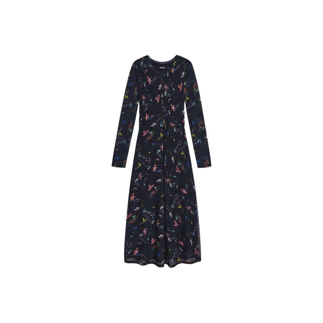 Desigual Черное с принтом Женское Длинное Платье с длинными рукавами