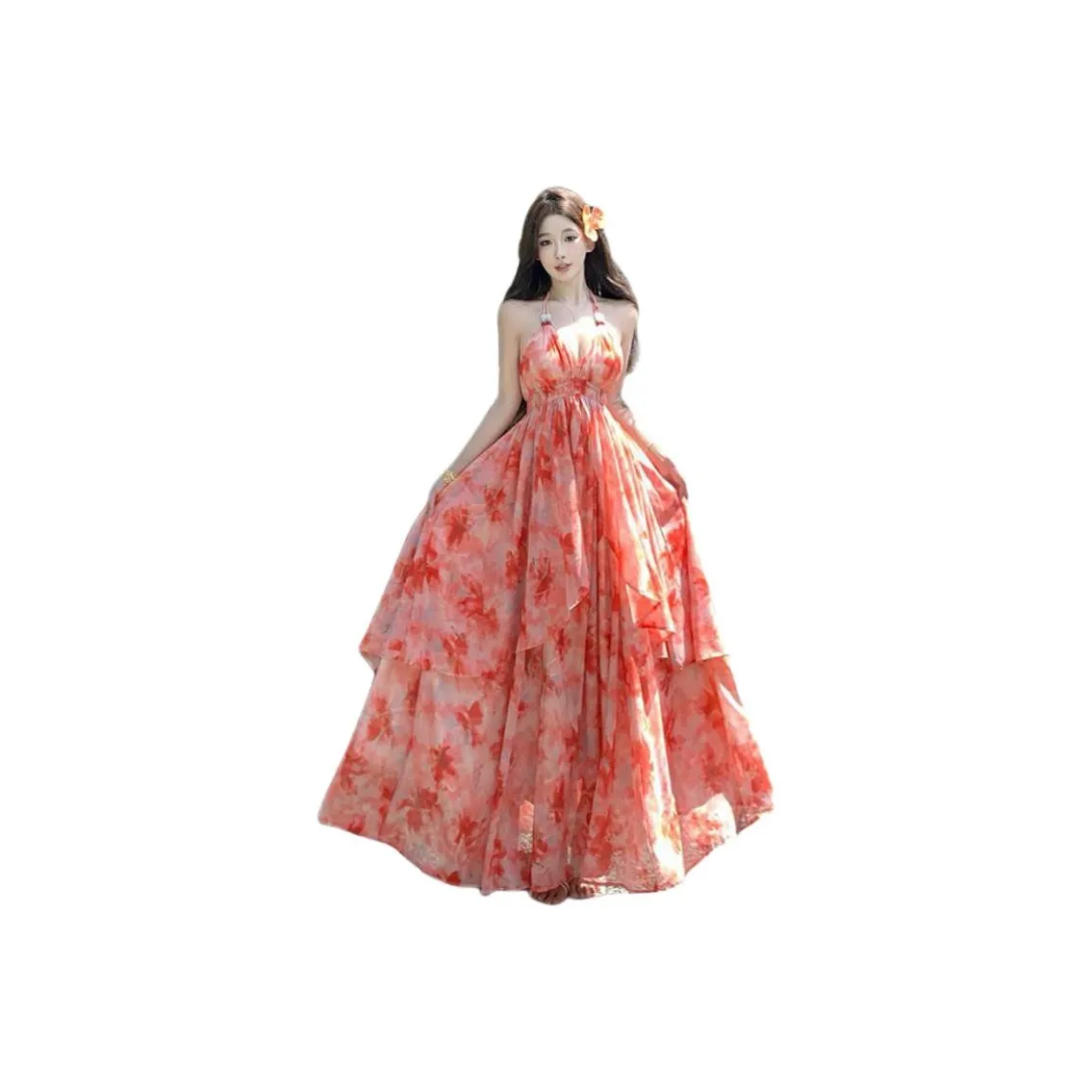 MORii Оранжевый Красный С принтом Женское Платье без рукавов