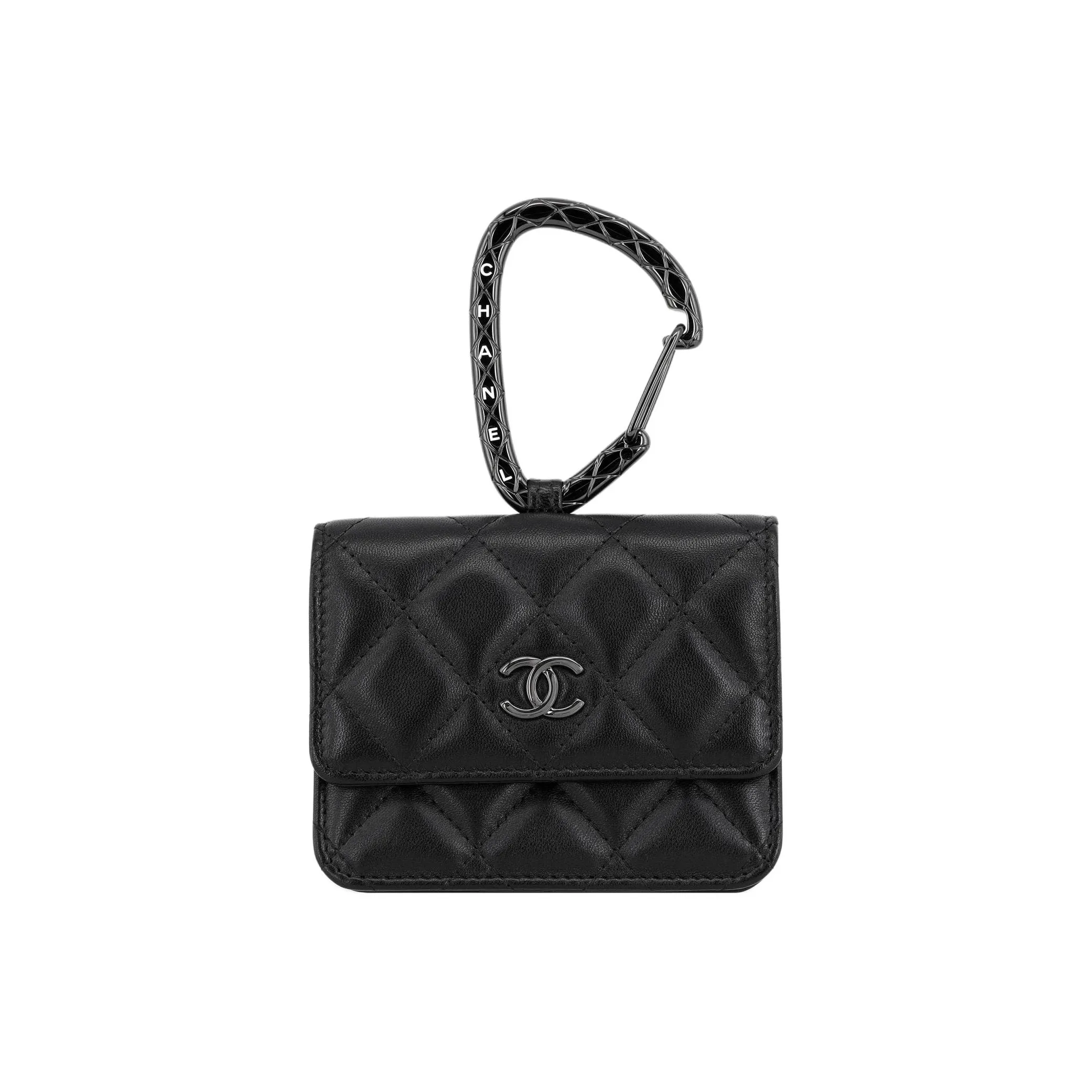 CHANEL Sheepskin Card Holder, Coin Purse Women's Black