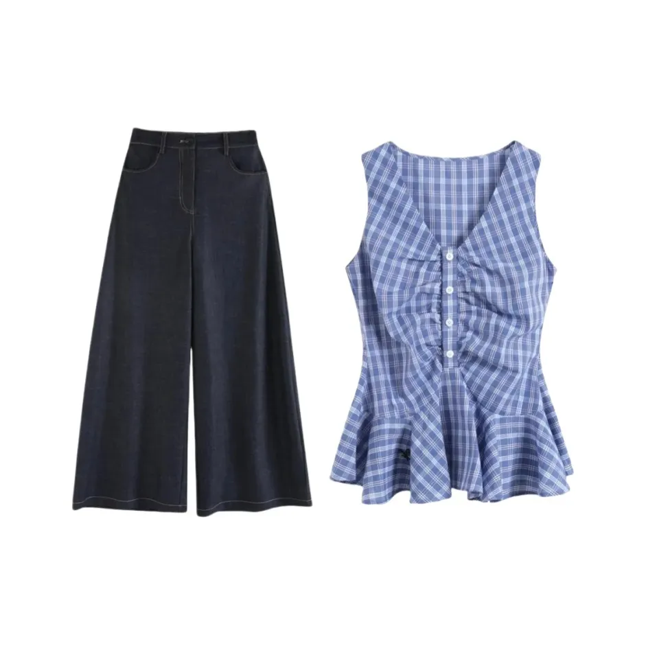 Nathania Синий топ + Темно-синие штаны Женские Повседневные костюмы