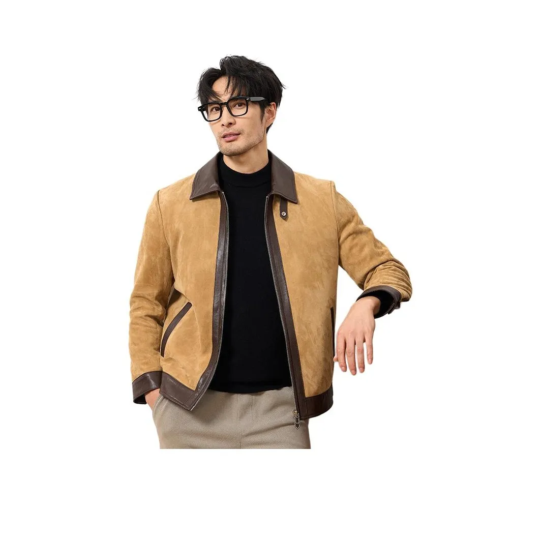 JIMU Haining Натуральная кожа Мужская Укороченная куртка из овечьей замши Корейский стиль Отложной воротник Внешняя одежда Модная Мужская