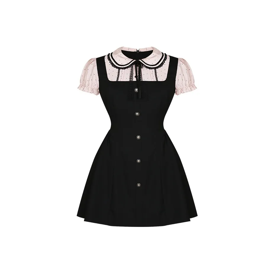 Черно-розовые женские короткие платья с короткими рукавами