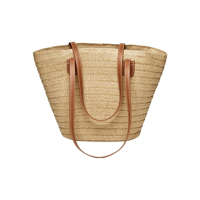 Narandu Fabric With Synthetic Leather Woven Bag Tote Shopping Bag Shoulder Bag Handbag Large Size Women's Khaki
