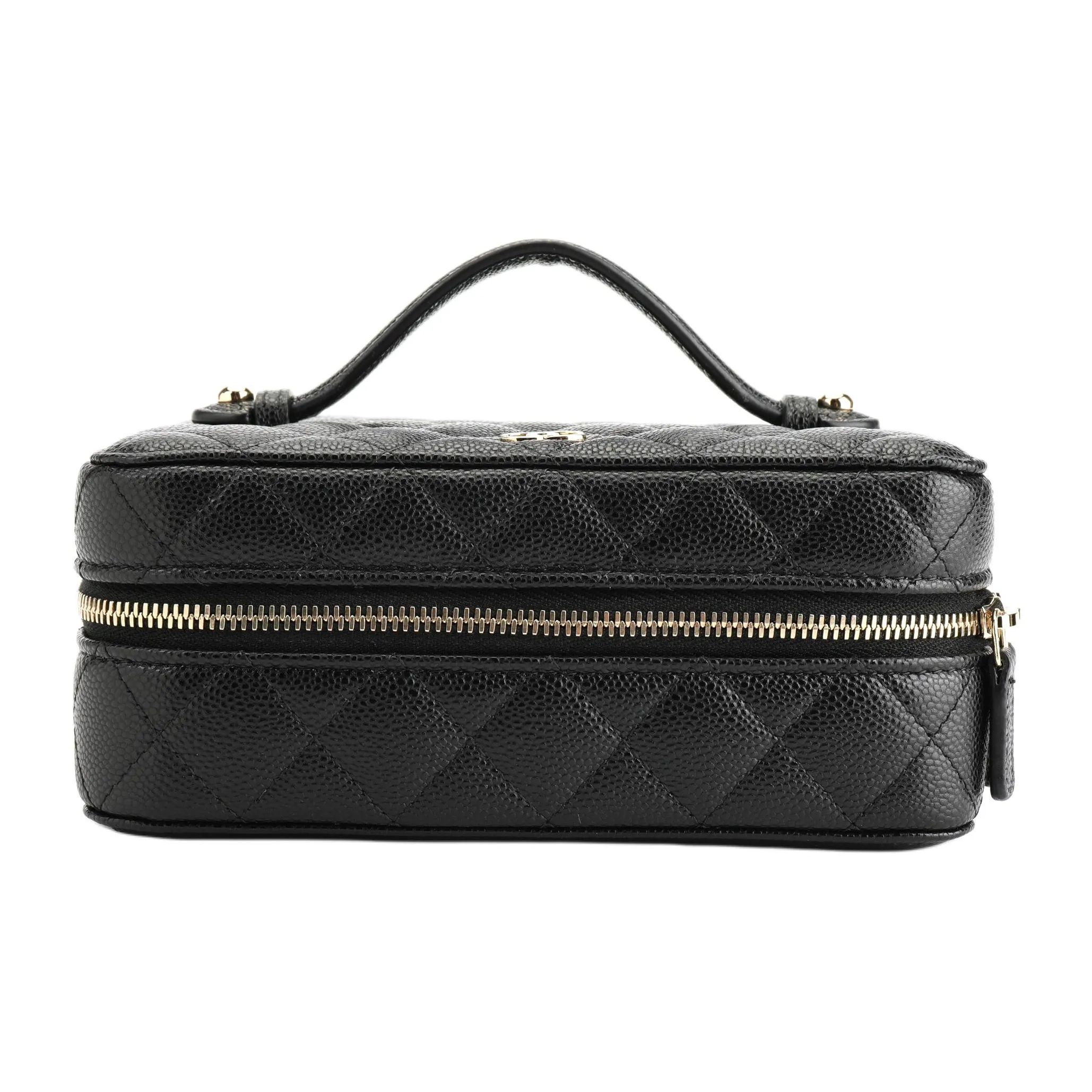 CHANEL Litchi Grain Cow Leather Makeup Bag Women's Black