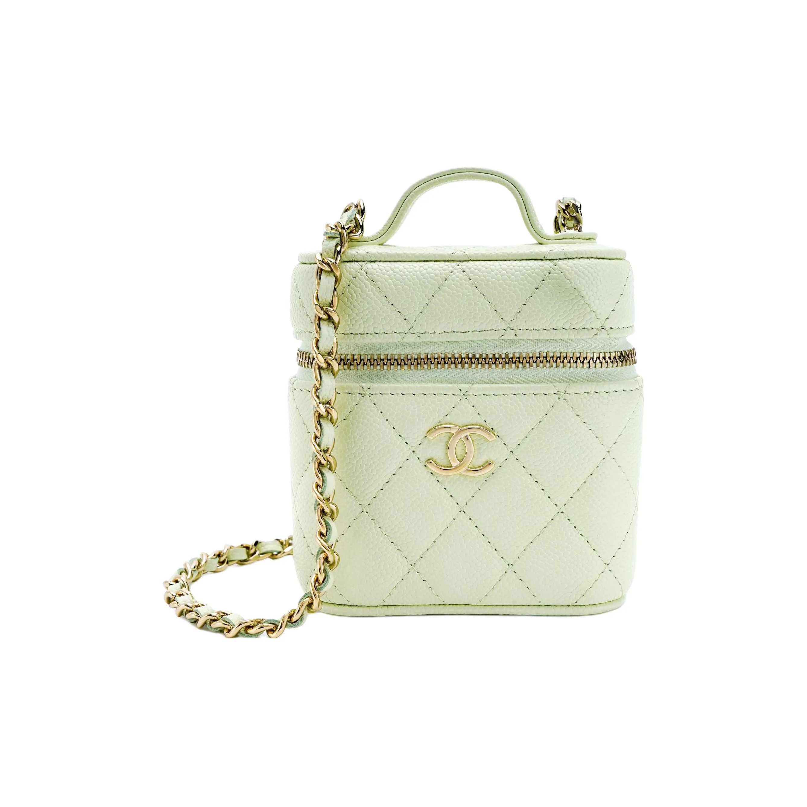 CHANEL Grain Embossed Calfskin Makeup Bag, Cigarette Case Bag, Handbag, Shoulder Bag, Crossbody Bag Women's Light Green