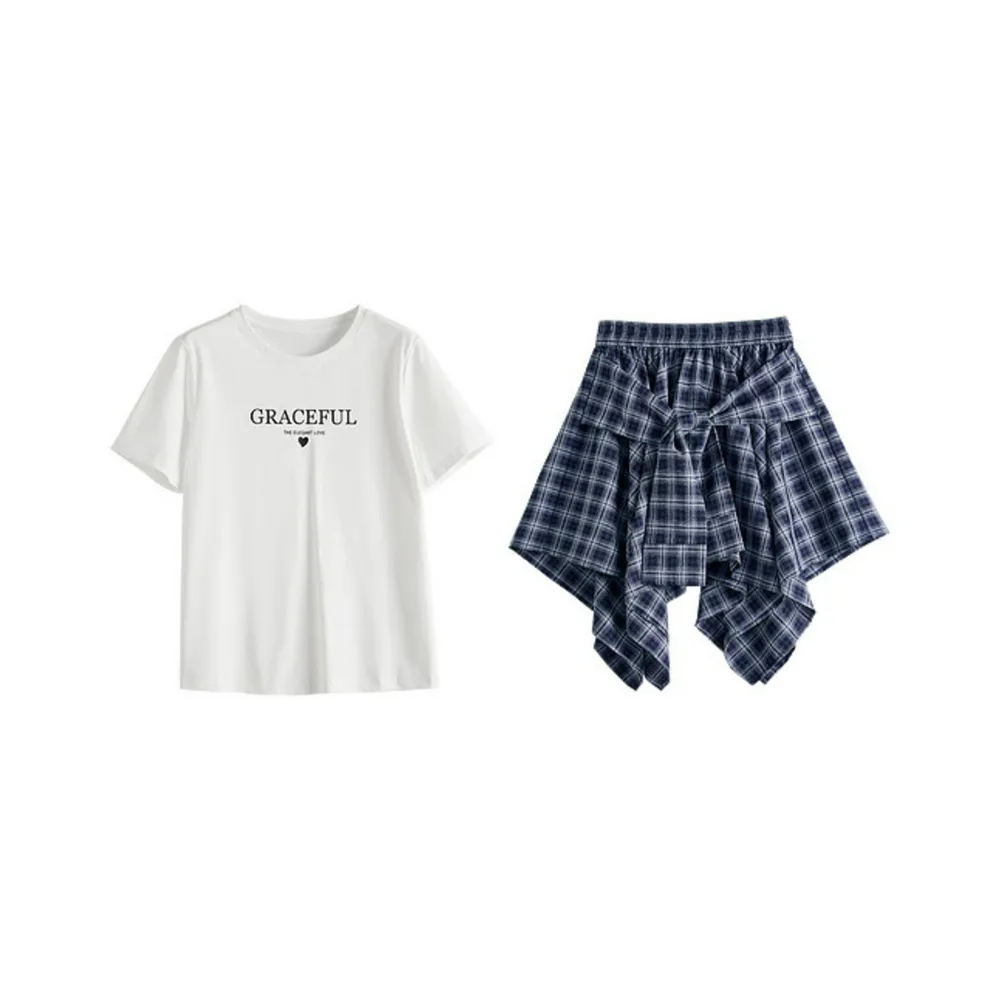 SLLSKY Королевский Синий Клетка Женские Комплекты с Юбкой