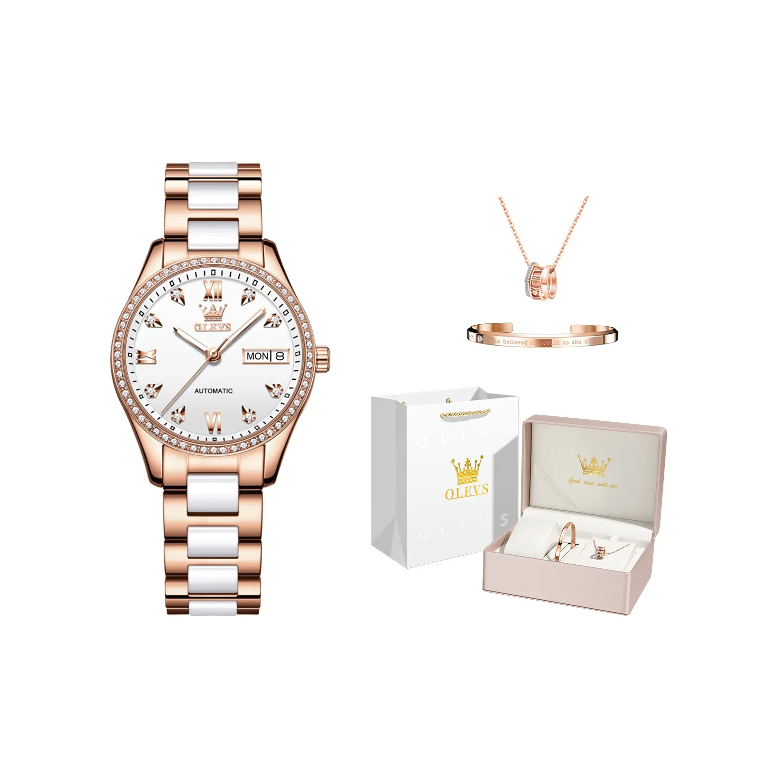 OLEVS Radiant Collection Mechanical Movement Stainless Steel Watchband Watch Women's Watch White Dial