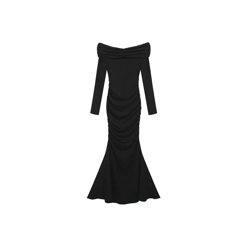 SECFLY OFFICIAL Черное Женское Длинное Платье с Длинными Рукавами