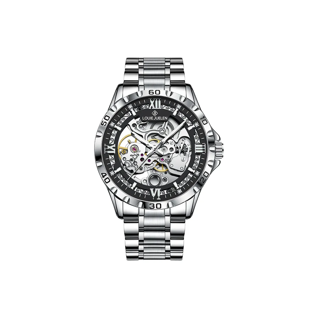 LOUIE JUELEN Автоматический Механический Механизм Нержавеющая Сталь Ремешок Часы Мужские Черный Циферблат