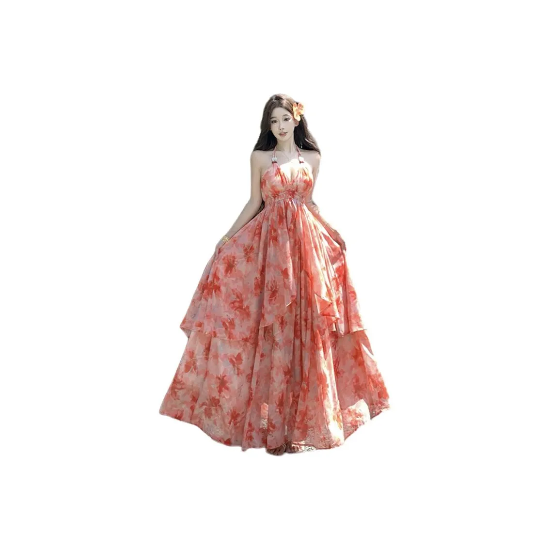 MORii Оранжевый Красный С принтом Женские Слип-платья