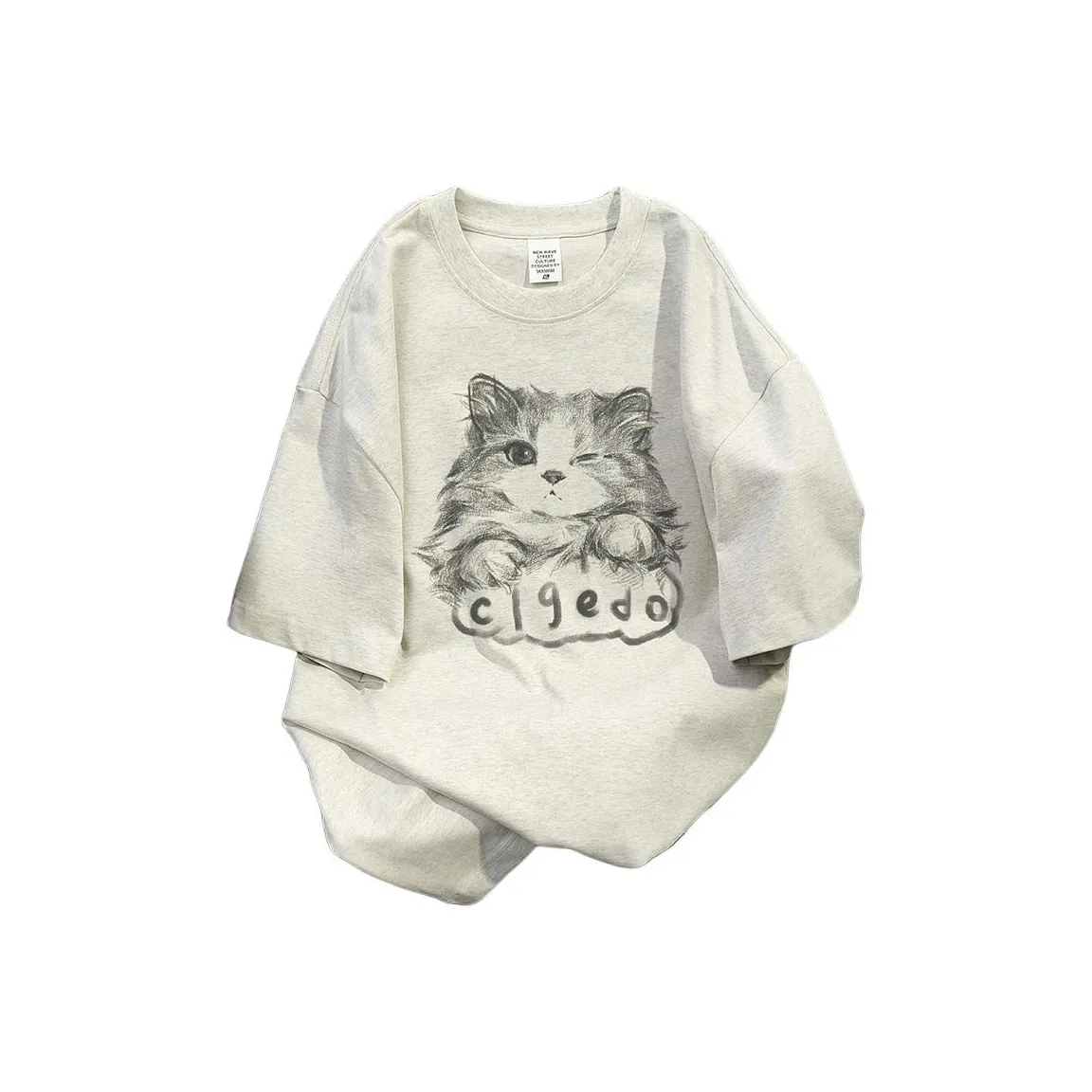 NRXX Мужская одежда Тяжелый 100% хлопок Кошка С принтом Топ Casual Sports Круглый вырез Свободный крой Мужской