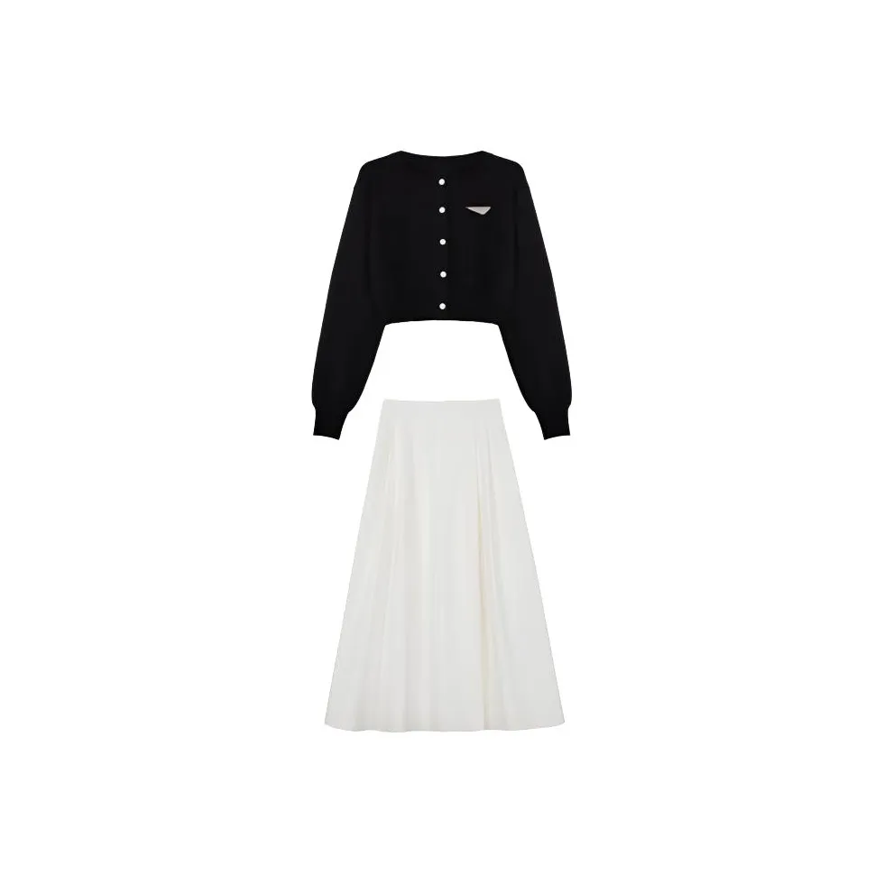 HUINIAN Черный Свитер + Белая Юбка Женские Комплекты с Юбкой