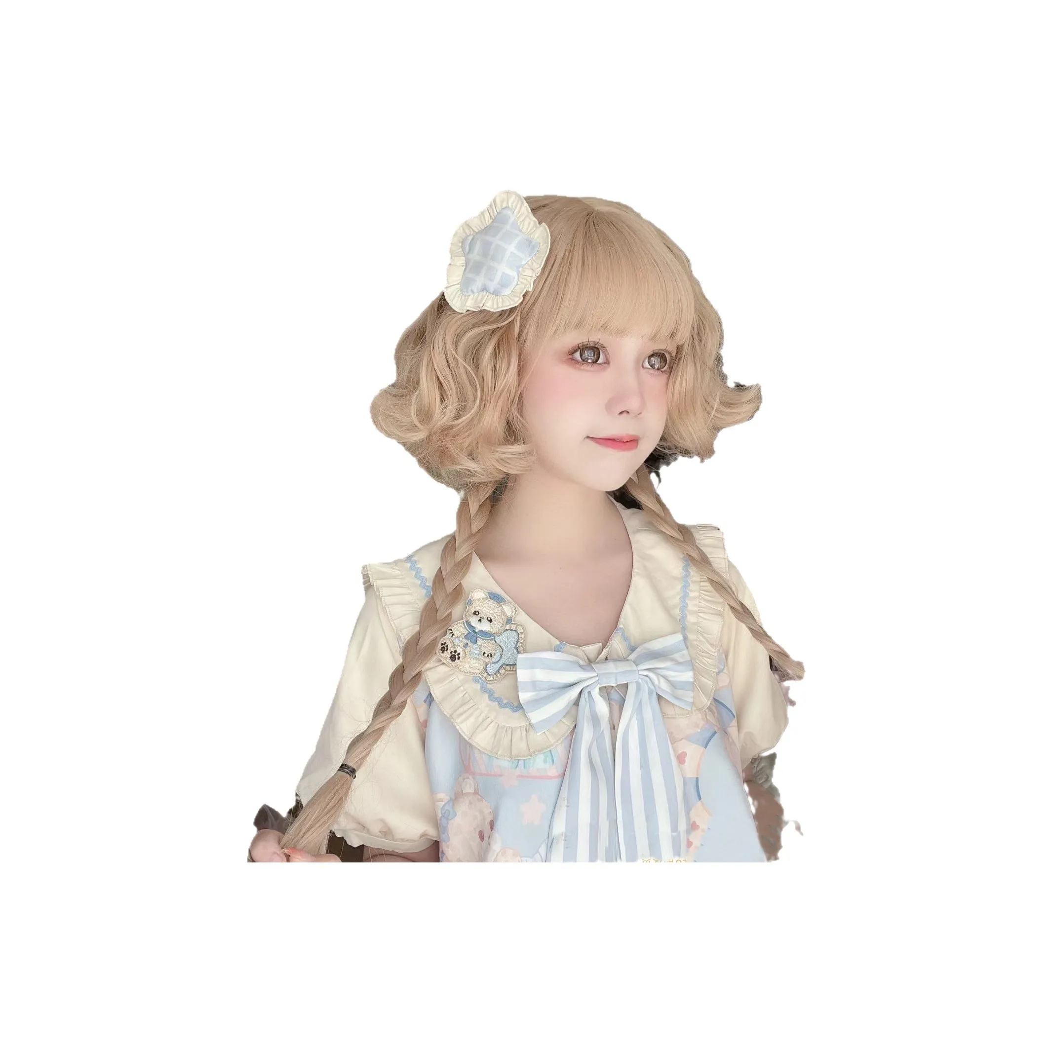 LIANXIANGKE Перука Женская Золотая Длинная Волосы Лолита Кудрявые Медуза Косичка Двойной Хвост Полная Голова Комплект Высокотемпературная Пряжа