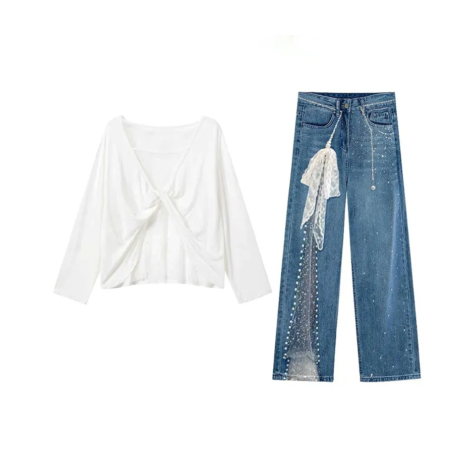 MARIE·COCO Белый топ + штаны женский повседневный комплект